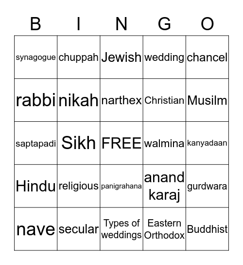 Wedding Vocab Bingo Card