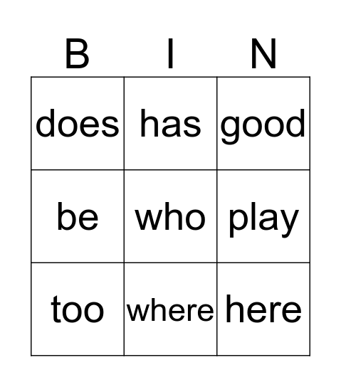 Sight Words Bingo Card