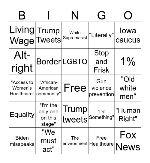 2020 Democratic Debate Bingo Card