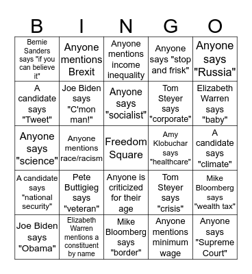 Dem Debate 10 Bingo Card