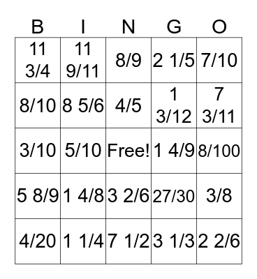 Fraction BINGO Card