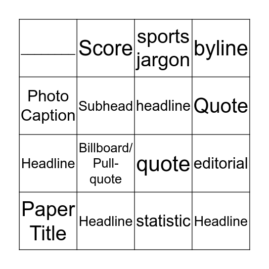 Sportswriting Bingo Card