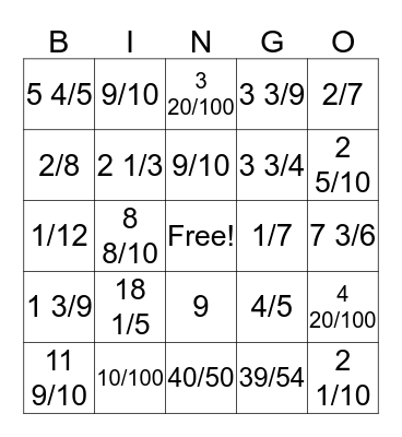 Fraction BINGO Card