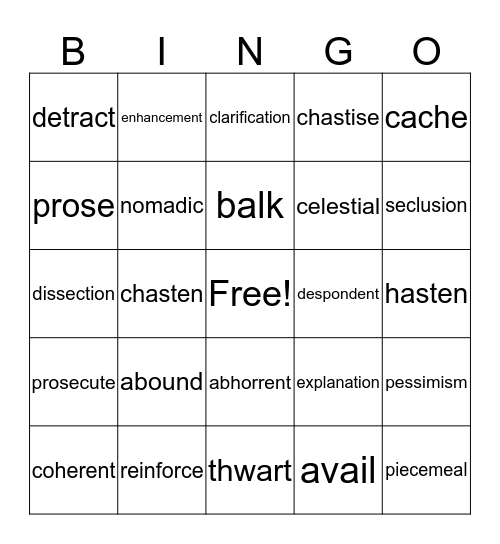 Middle School Vocabulary 1 Bingo Card