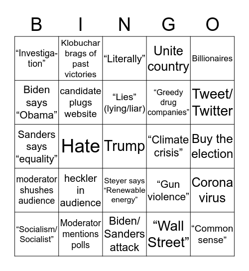 Democratic Debate 2/25/20 Bingo Card