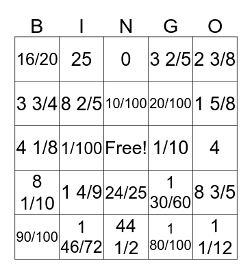 Fraction BINGO Card