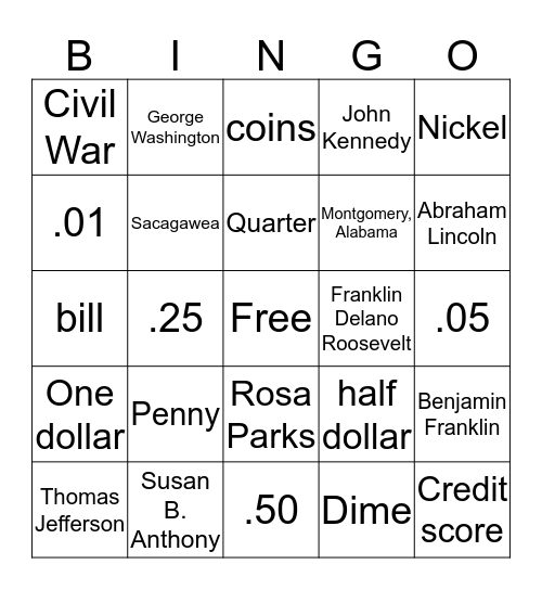 United States Money Bingo Card