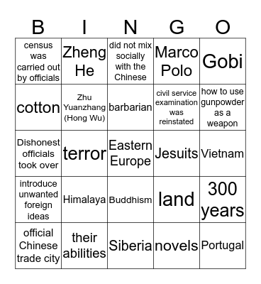 Mongols in China and the Ming Dynasty Bingo Card