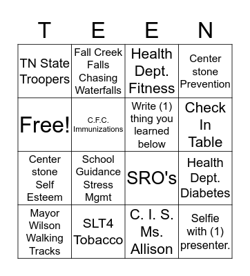 7th Annual Teen Wellness Fair Bingo Card