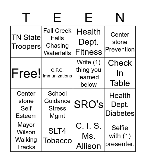 7th Annual Teen Wellness Fair Bingo Card