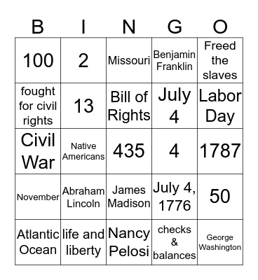 Civics Oral Practice Bingo Card