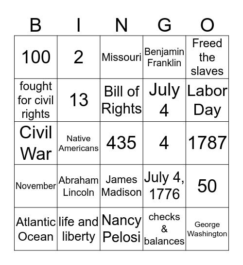Civics Oral Practice Bingo Card