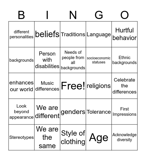 RESPECT FOR DIVERSITY Bingo Card