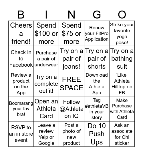 Athleta Hilltop Shop Card Bingo Card