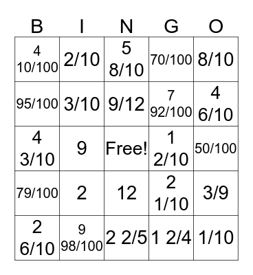 Fraction BINGO Card