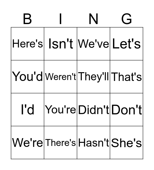 Contraction Bingo Card