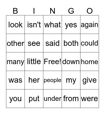 Sight Word Bingo  Bingo Card