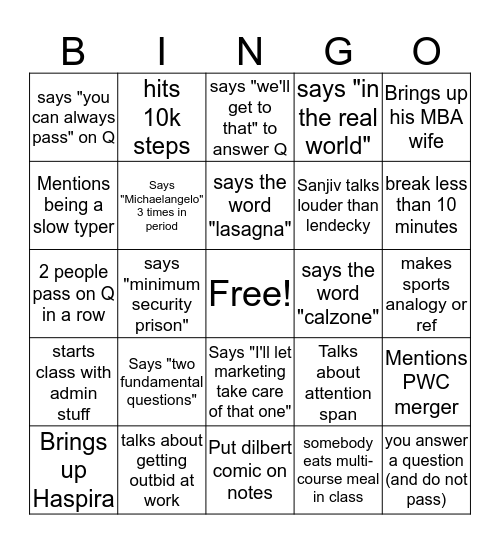 Lendecky Bingo Card