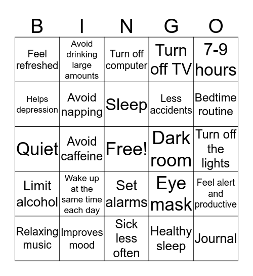 Healthy Sleep Bingo Card