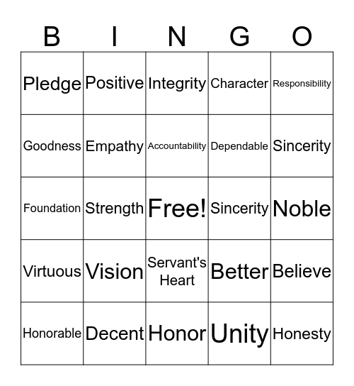 Integrity Bingo Card