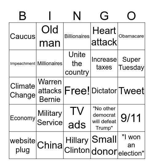 Democatric Debate Bingo Card