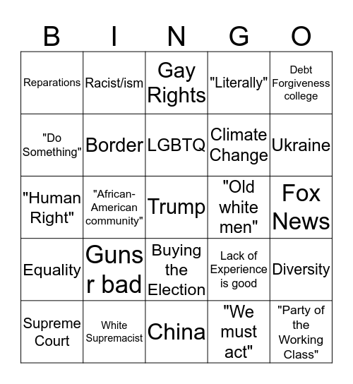 2020 Democratic Debate Bingo Card