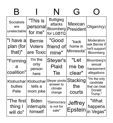 Democratic Debate Bingo Card