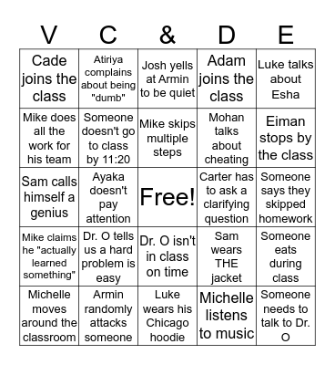 Vector Calc Bingo Card