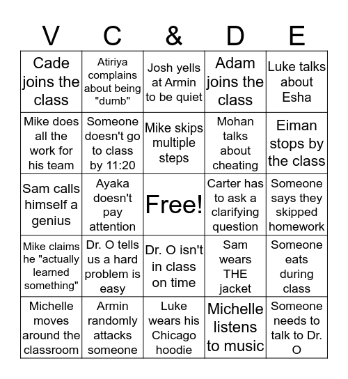 Vector Calc Bingo Card