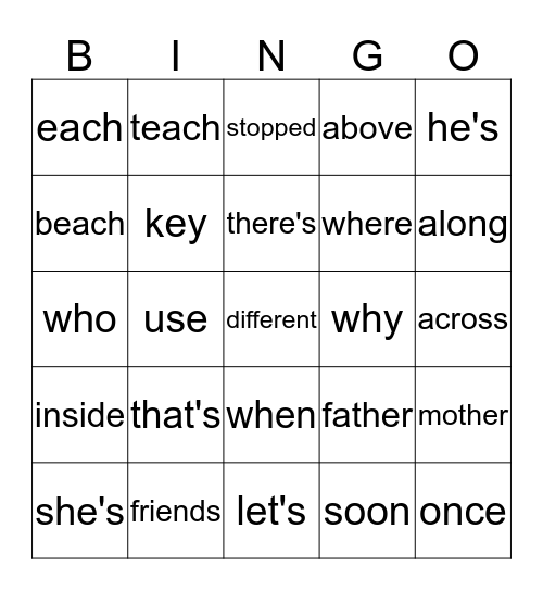 Spelling Bingo Card
