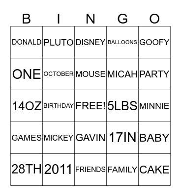 MICKEY MOUSE/GAVIN BINGO Card