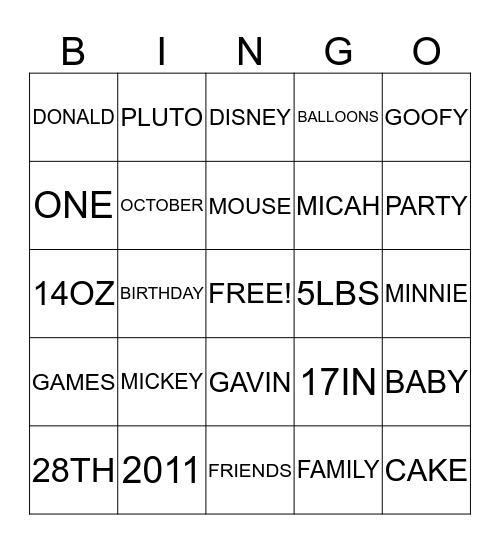 MICKEY MOUSE/GAVIN BINGO Card