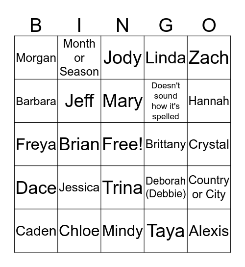 CSR Names Bingo Card