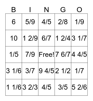 Fraction BINGO Card