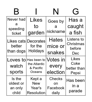 Getting to Know You Bingo Card