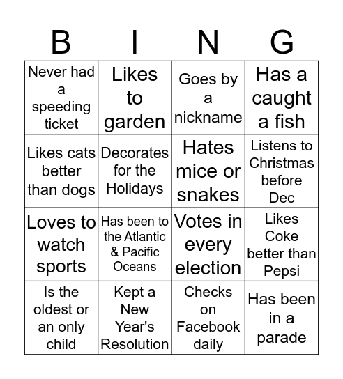 Getting to Know You Bingo Card