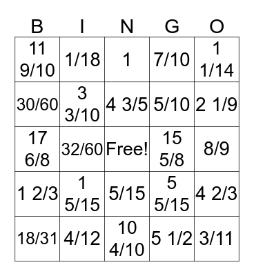 Fraction BINGO Card