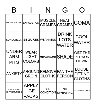 HEAT STROKE / HEAT EXHAUSTION Bingo Card