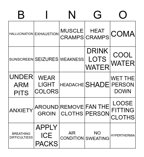 HEAT STROKE / HEAT EXHAUSTION Bingo Card