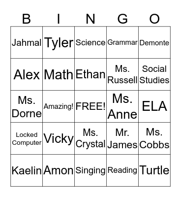 Room 222 Bingo Card