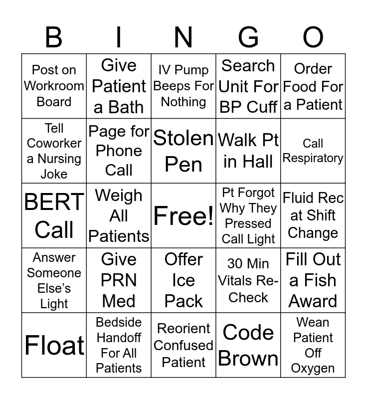 Weekend RN Day Shift Bingo Card