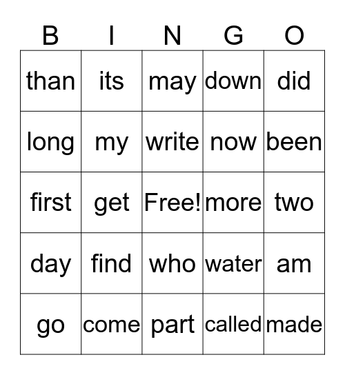 sightword  Bingo Card