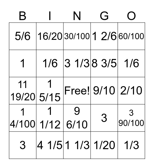Fraction BINGO Card