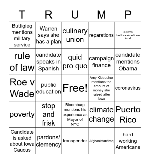 Democratic Debate 2/19 Card #1 Bingo Card