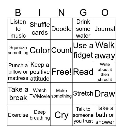 Coping Skills Bingo Card