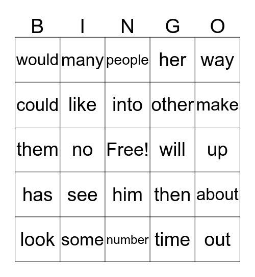 Sightword Bingo Card