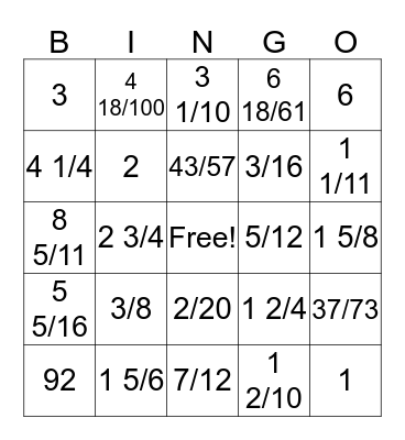 Fraction BINGO Card