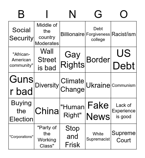 2020 Democratic Debate Bingo Card