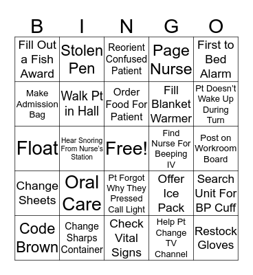 PCA Night Shift Bingo Card