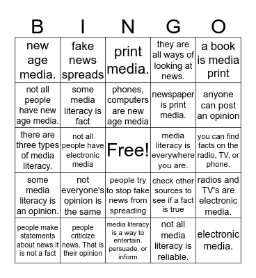 Media Literacy Bingo Card